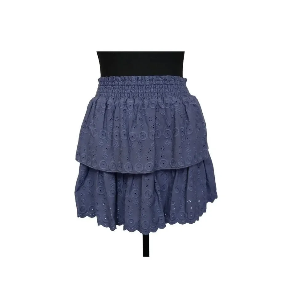 Aqua Girl Smocked Tiered Denim Blue Eyelet Skirt Size‎ S 7/8 - Picture 2 of 7
